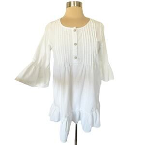 White Ruffle Hem Tunic Dress Cotton SMALL‎ Bell Sleeve Pleated Cottagecore Boho